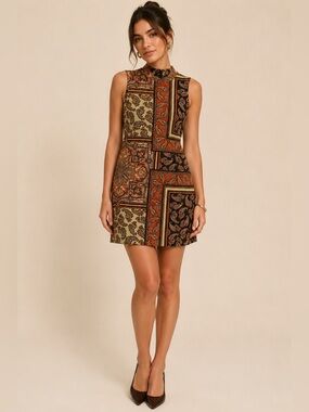 Sharagano Paisley Boho Chic Mock Neck Dress. Size 4 in Excellent Condition